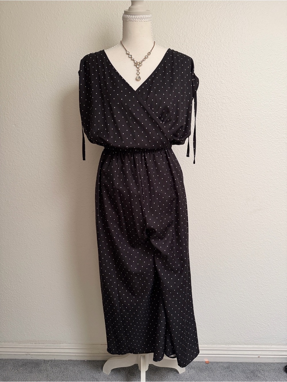 Japanese Fashion Black Polka Dot Surplice Wide-Leg Jumpsuit